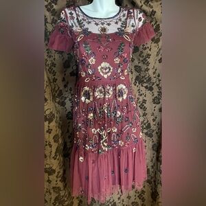 Gianni Bini Embroidered Sequin Sequence Wendy Floral Burgundy Dress
